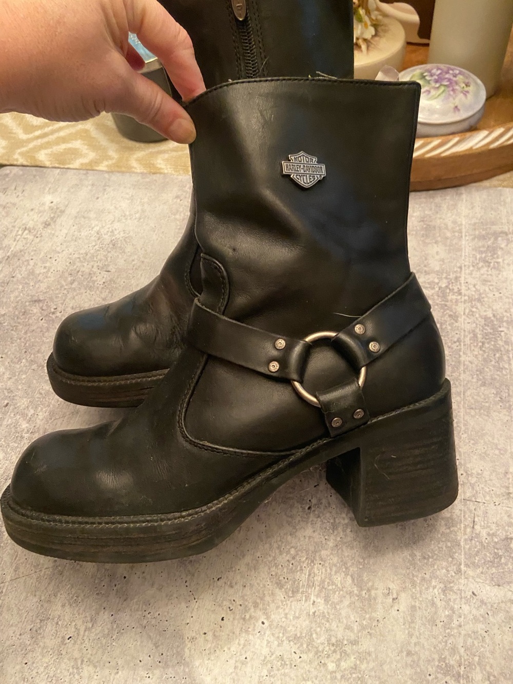 Vintage Harley Davidson Leather Heeled Side Zip Motorcycle Boots
